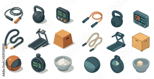 Fitness equipment isometric icons set – 3d, workout tools, gym and exercise symbols