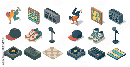 Hip hop and dance icons set – isometric, breakdancing, urban style graphics