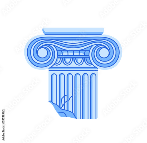 Icon of broken antique Greece column. Destroyed Roman pillar podium with Ionic order. Ornamented old marble construction of ancient Greek architecture. Flat isolated vector illustration on white
