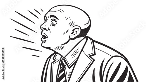 A shocked bald businessman expressing surprise with wide eyes and an open mouth.