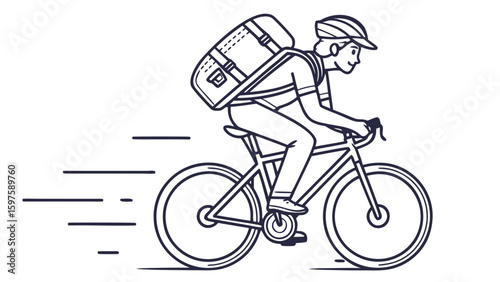A male cyclist hurries along the road with a backpack, showcasing the joy of biking and adventure.