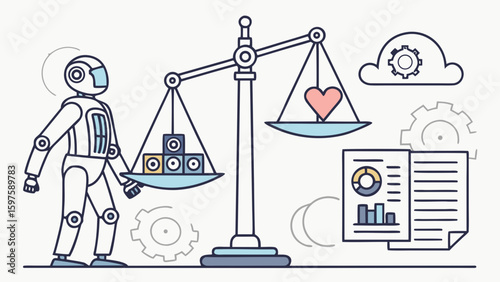 A humanoid robot balancing love and data on a scale, symbolizing the intersection of technology and emotion.