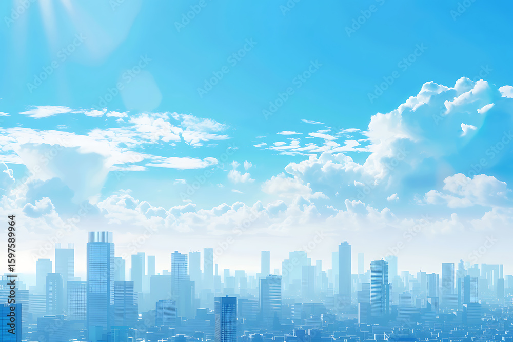 Fototapeta premium 晴れ渡る青空の下に広がる現代都市のビル群