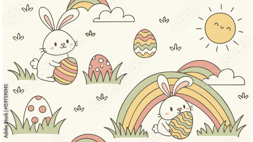Cartoon illustration of easter bunnies with eggs rainbows and sun on a light background