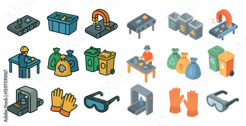 Recycling and waste management icons set – isometric, trash, eco-friendly symbols