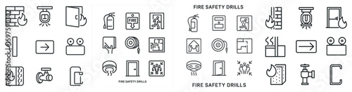 Fire safety outline icons set – evacuation, drills, emergency response symbols
