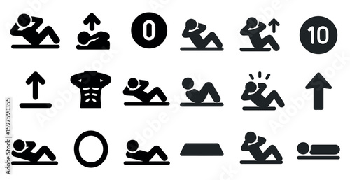 Exercise and fitness icons set – solid, filled, workout and physical training symbols