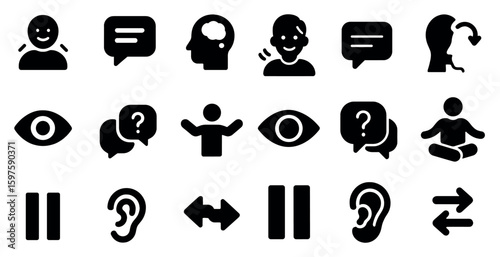 Communication and interaction filled icons set – solid, symbol, conversation graphics