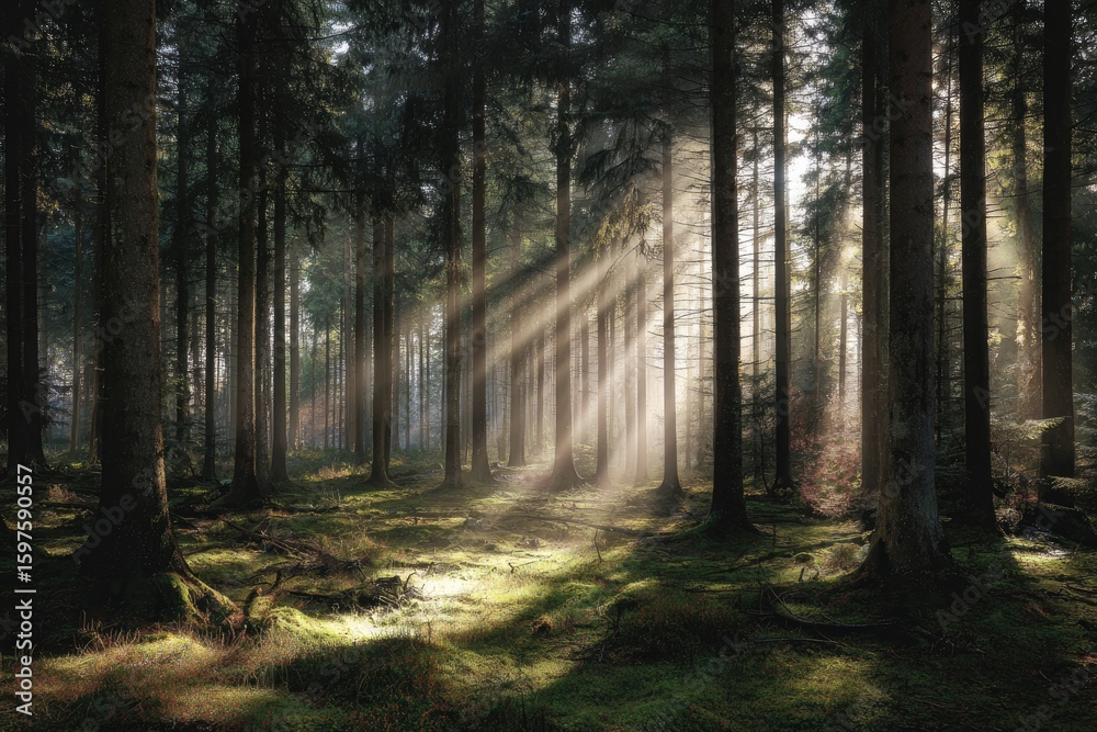 Obraz premium Sunlight streams through a dense forest