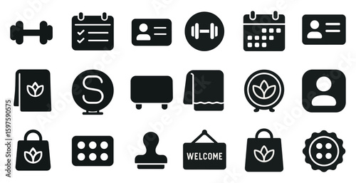 Business and fitness solid icons set – filled, silhouette, corporate and workout symbols