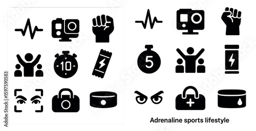 Adrenaline sports solid icons set – silhouette, action, extreme adventure symbols
