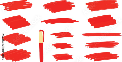 Red marker strokes and highlights vector set for emphasis and design elements in graphic projects 100 char