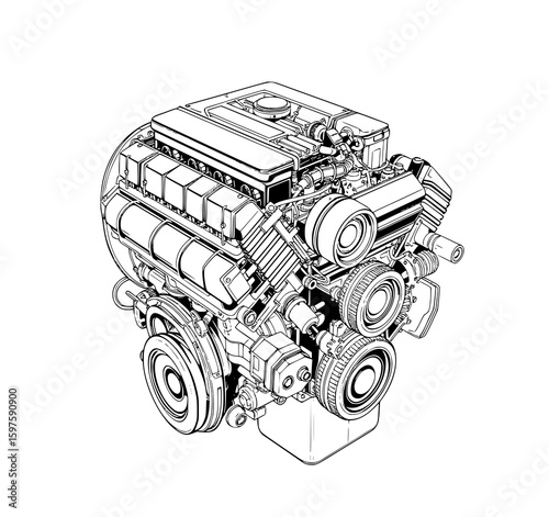 V8 Engine Line Art: A detailed black and white illustration showcases a powerful V8 engine, meticulously rendered in a technical line art style.