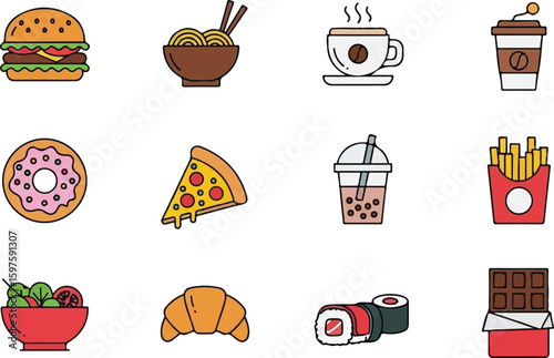 Colorful line art icons depicting various popular foods and drinks.