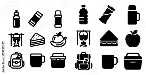 Camping and picnic solid icons set – silhouette, filled, outdoor activity symbols