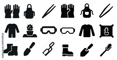 Gardening and household solid icons set – filled, silhouette, tools and apparel symbols