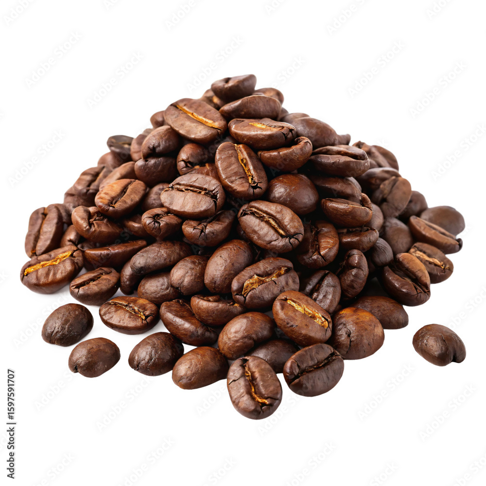 Naklejka premium Roasted Coffee Beans A CloseUp View of Dark Brown Beans Isolated On Transparent Background
