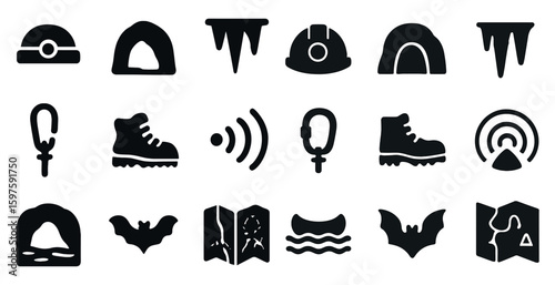 Caving and hiking solid icons set – filled, outdoor adventure, exploration symbols