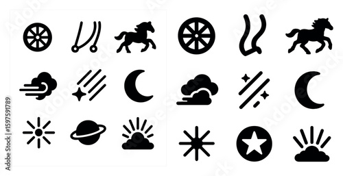 Horse and nature silhouette icons set – filled, solid, equestrian and wildlife symbols