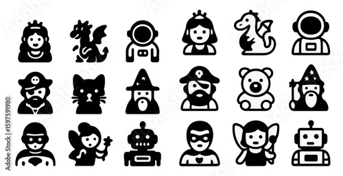 Fairy tale and fantasy icons set in solid style – magical, whimsical symbols