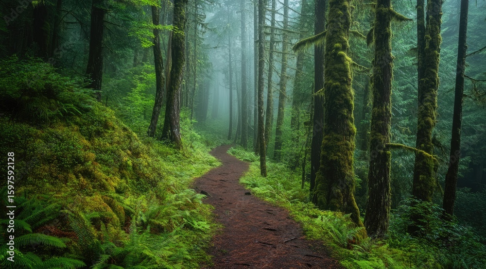 Obraz premium Misty forest path winds through lush greenery