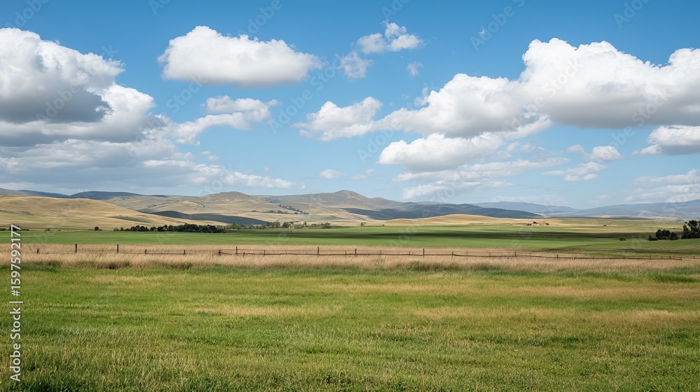 Naklejka premium Vast grassy plains, gentle hills, clear sky, puffy clouds