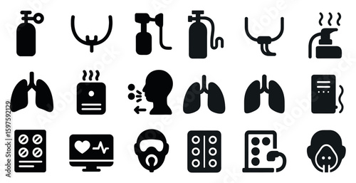 Respiratory health solid icons set – filled, medical, breathing symbols