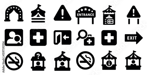 Event and venue solid icons set – filled, festival, entry and signage symbols