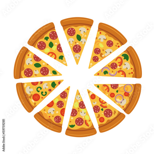 Sliced pizza with toppings arranged in a circular pattern on transparent background