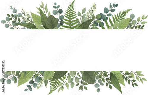 Elegant watercolor floral border with lush green ferns and eucalyptus leaves framing a blank white space for text