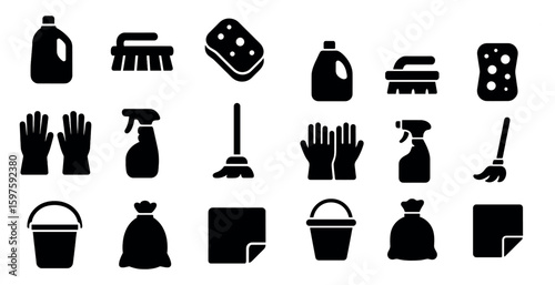 Cleaning tools solid icons set – silhouette, filled, housekeeping and hygiene tools