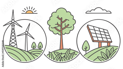 Illustration of renewable energy: wind turbines, a tree, and solar panels symbolizing sustainability.