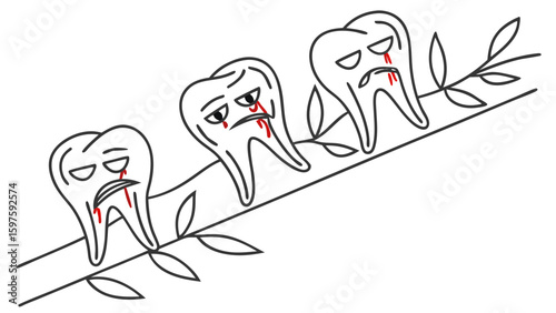Three cartoon teeth with expressive faces, showing emotions of sadness and pain, surrounded by leaves.
