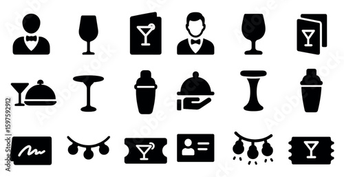 Hospitality and event solid icons set – bar, catering, service symbols