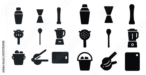 Cocktail and bar solid icons set – silhouette, drink, mixology tools symbols