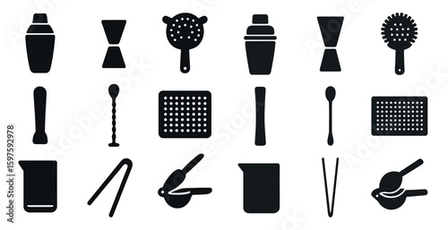 Bar and cocktail solid icons set – silhouette, filled, mixology tools symbols