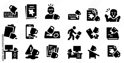 Everyday spill filled icons set – silhouette, solid, accident and mishap symbols
