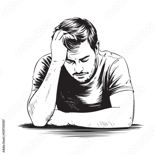 Monochrome illustration of a man with a sad, pensive expression