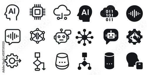 Artificial intelligence outline icons set – neural, machine learning, robotics symbols