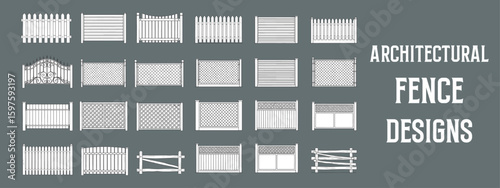 Architectural Fence Designs Collection with Minimalist Line Art Illustrations of Decorative and Functional Fences for CAD, Landscaping, and Exterior Design Projects