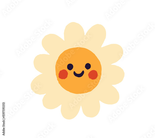Icon of happy daisy flower. Cute chamomile with smile face. Funny wildflower with positive emotions. Blooming plant with joyful expression. Flat isolated vector illustration on white background