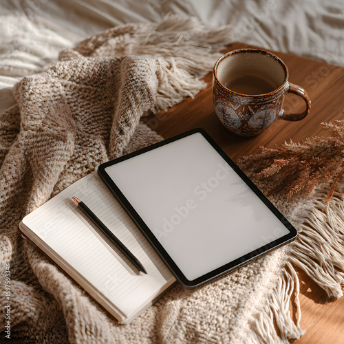 Cozy Flatlay: Tablet, Notebook, and Coffee Mug on Bed – Chill Productivity Mood