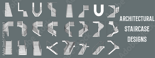 Architectural Staircase Designs Collection with Minimalist Line Art Illustrations of Indoor and Outdoor Stairs for CAD, Interior, and Exterior Design Projects