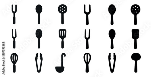Kitchen utensil silhouette icons set – solid, filled, cooking tools graphics