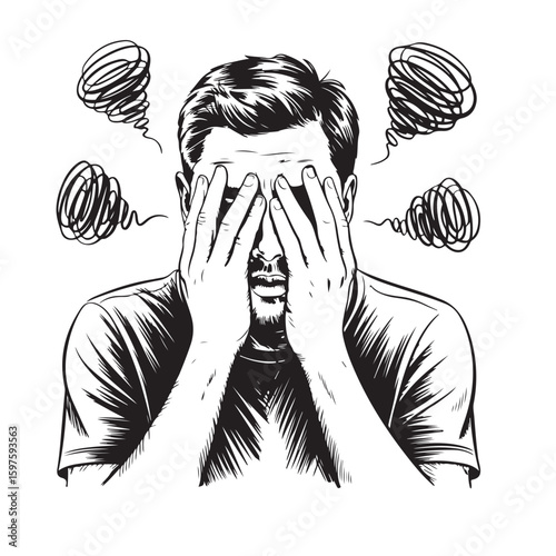 Frustrated man covering face with hands surrounded by swirling thoughts