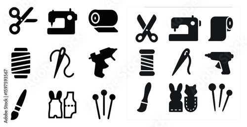 Crafting and sewing icons set – solid, filled, diy and creative design symbols