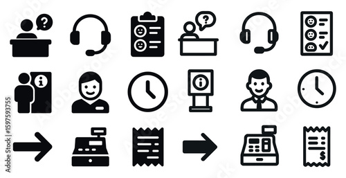 Customer service solid icons set – helpdesk, support, communication symbols