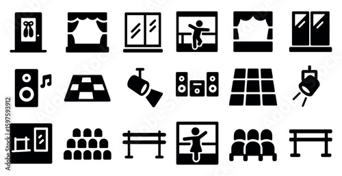 Theater and performance icons set – solid, filled, stage and auditorium symbols