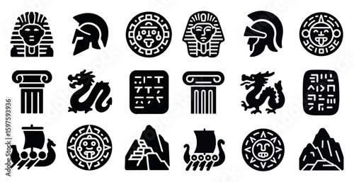 Ancient civilization solid icons set – filled, historical, legendary symbols