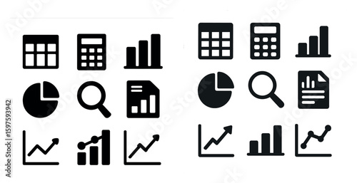 Data and analytics solid icons set – flat, filled, charts and graphs symbols